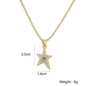 Star-shaped evil eye pendant necklace with blue zircon and size dimensions 2.5cm by 1.4cm