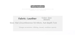 Size chart showing leather hat circumference 56-60cm and 7cm depth for outdoor sports