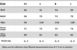 Size guide for satin draped neck dress showing bust, waist, and length in centimeters