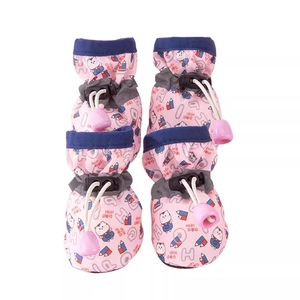 Pink waterproof non-slip pet shoes for small dogs with adjustable drawstring and cute cat print