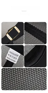 Detail of adjustable metal buckle and breathable polyester mesh on summer flat cap