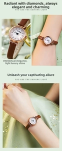 Close-up of elegant rose gold watch with rhinestone dial and brown slim leather strap