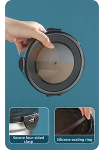 Detail of four-sided locking buckles and silicone sealing ring on stainless steel food box