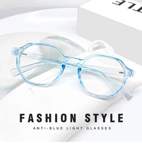 Detail of light blue hexagonal anti-blue light glasses resting on a white leather pouch