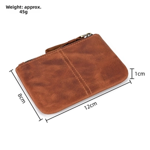Detailed view of brown crazy horse leather coin pouch with sturdy metal zipper