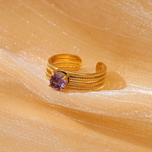 Adjustable 18k gold plated ring with purple zircon and layered four-row band design