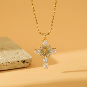 Virgin Mary Cross Pendant Necklace Stainless Steel Gold Plated Micro Inlaid Zircon Religious Ball Chain Jewelry Women