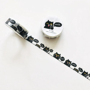 Detail of funny cartoon black cat washi tape featuring expressive comic onomatopoeia