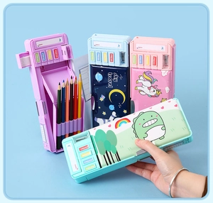 Multiple functional kids pencil boxes with cute unicorn patterns and mechanical buttons
