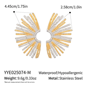 Detail of striped fan-shaped earrings in stainless steel with size and weight specs