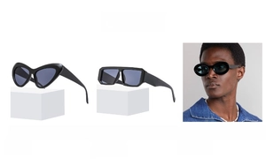 Detailed view of Y2K oval, cat-eye and square sunglasses with male model fitting