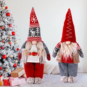 Christmas Gnome Decorations Standing Swedish Tomte Dwarf Plush Doll Faceless Long Hat Handmade Xmas Home Ornament Red
