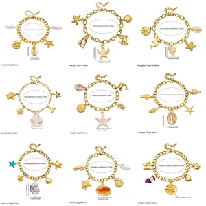 Gold plated stainless steel ocean charm bracelets with sea shells and starfish charms