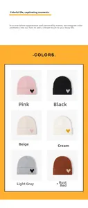 Detail showing knit beanie hats available in six colors with heart pattern accents