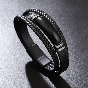 Men's multi-layer black braided leather bracelet with green stone and magnetic clasp