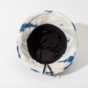 Chapeau bob en peluche tie-dye bleu et blanc avec sangle réglable et doublure épaisse