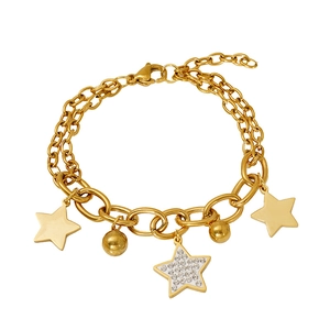 18k gold plated stainless steel double chain bracelet with star charms and crystals