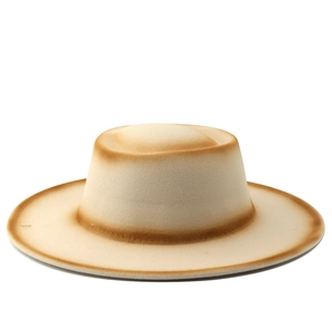 Beige wool felt fedora with brown gradient burnt edge effect and flat top design