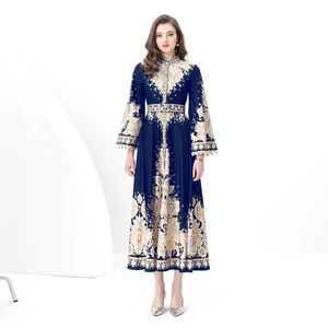 Navy blue vintage floral maxi dress with stand collar and elegant lace trim detail