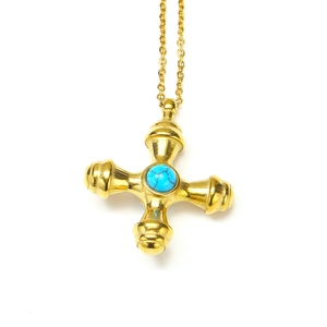 18k gold plated titanium steel necklace with a vintage turquoise cross pendant