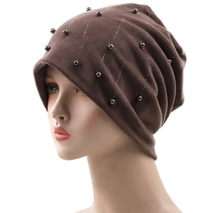 Women's dark brown slouchy beanie with elegant beads and rhinestone embellishments