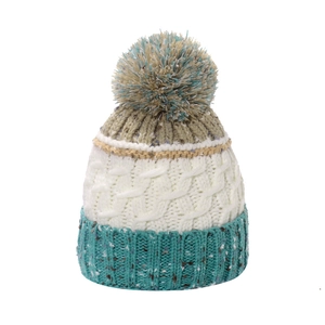 Winter mixed color knit beanie with cable pattern and large fluffy pompom for women