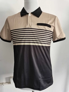 Close-up of khaki and black striped polo shirt with breathable pique cotton fabric
