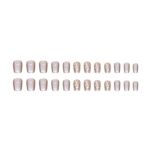 Sparkling cat-eye champagne gold press-on nails with glitter and sequins 24pcs set