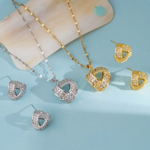 Geometric Knot Heart Pendant Necklace And Stud Earrings For Women Copper Plated With Cubic Zirconia Fashion Jewelry