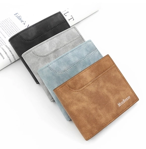 Short bifold frosted men's wallets shown in black, grey, blue and brown leather texture