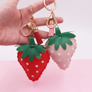 Strawberry Shaped Plush Keychain With Tassel Golden Chain Clasp Cute Fruit Bag Pendant For Women Girls Daily Accessory Car Keyring