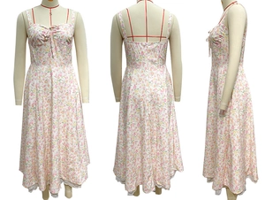 Three-view display of floral slip dress with lace hem details on a mannequin stand