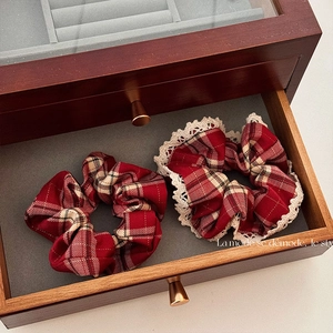 Vintage Plaid Fabric Hair Scrunchies With Lace Edge Korean Style Elastic Hair Ties For Women Holiday Headwear