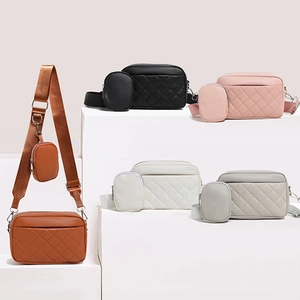 Women Quilted Crossbody Bag With Small Pouch PU Leather Rhomboid Pattern Wide Strap Minimalist Casual Shoulder Bag