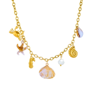 Collier en acier doré avec pendentifs océaniques crabe étoile de mer et coquillages