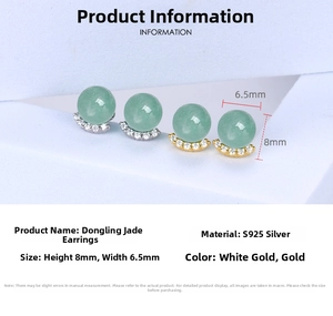 Detail of S925 silver aventurine earring with arc-shaped diamond inlay and jade bead