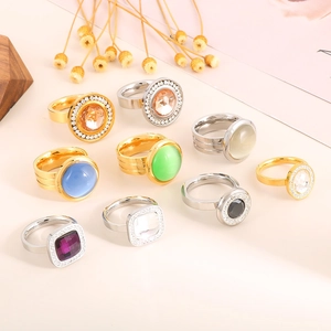Elegant 18K gold-plated stainless steel double-layered rings with multi-color stones