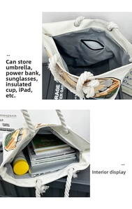 Detailed interior of ivory canvas tote showing large capacity and internal zipper pocket