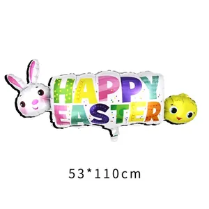Detail of Happy Easter foil balloon banner with cute cartoon bunny and chick illustrations