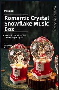 Close-up of a Christmas music box crystal ball with automatic snow and warm night light