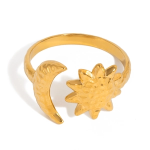 Detailed close-up of adjustable sun and moon ring with 18K gold-plated hammered texture