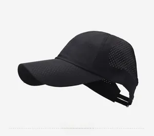 Side view of black breathable baseball cap with laser-cut ventilation holes and adjustable strap