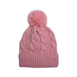 Detailed knit texture and soft pink pom-pom on winter thermal beanie hat for women