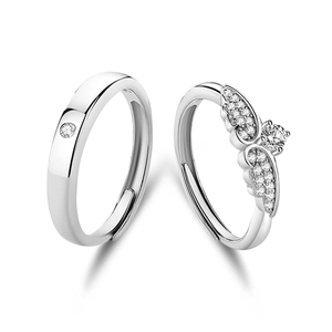 Silver cupid wings couple rings set with cubic zirconia in adjustable open design