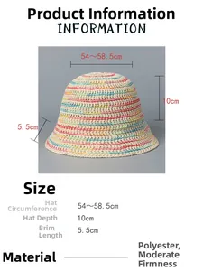 Size chart for rainbow knit bucket hat detailing 54-58.5cm circumference and polyester material