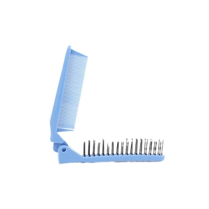 Portable light blue folding hair comb with dual-teeth design for travel and styling