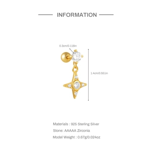 Detailed view of S925 sterling silver star earring with AAAAA zirconia and screw back