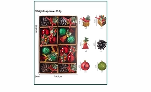 Detailed view of mixed Christmas ornaments set including pine cones and baubles in a gift box