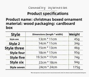 Detailed size and weight specifications for various wooden Christmas tree hanging ornaments