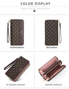 Detailed four-angle view of coffee brown long wallet showing interior slots and texture